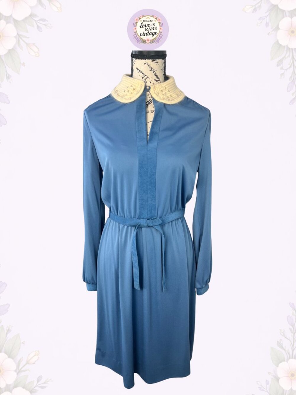 Vintage Peter Pan Collar Shirt Dress • 1970s Blue & Cream Belted Day Dress • USA